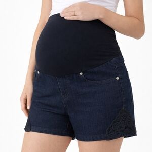 Maternity Dark Wash Denim Shorts with Lace Trim & Belly Band